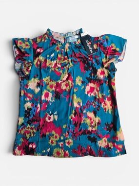 SimpleFun- Teal Floral Ruffle Sleeve Blouse- NWT